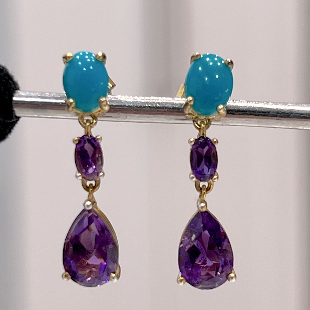 Lusaka Amethyst Arizona Sleeping Beauty Turquoise 14K YG 925 Dangle Earrings